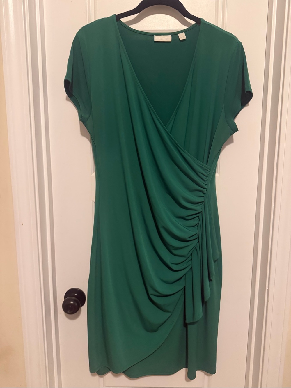 New York & Company Emerald Green Draped V-Neck Dress